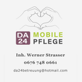 Ein weißer Hintergrund mit einem lila und grünen Logo, einer Herzform und einer Kontaktnummer 0676 748 0661. Der Text lautet 'DA MOBILE PFLEGE' und 'Inh. Werner Strasser'. Die E-Mail ist da24betreuung@hotmail.com.