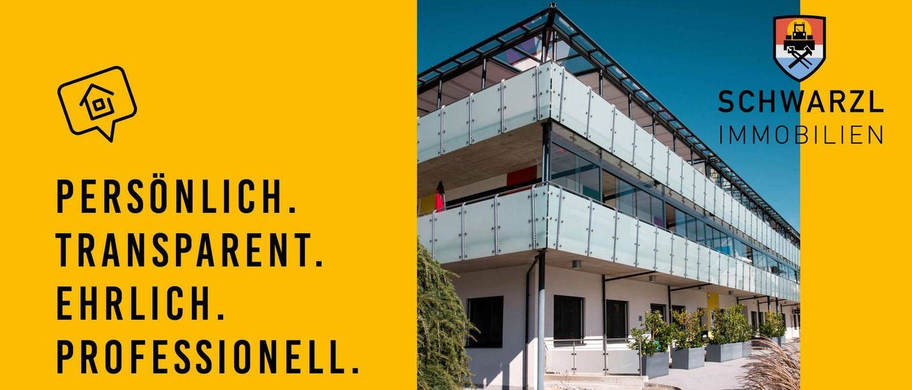 Ein architektonisches Bild zeigt ein modernes Gebäude mit Glasfassaden, Balkonen und gelbem Hintergrund. Die Worte 'EINFACH. PROFESSIONELL' sind deutlich sichtbar.