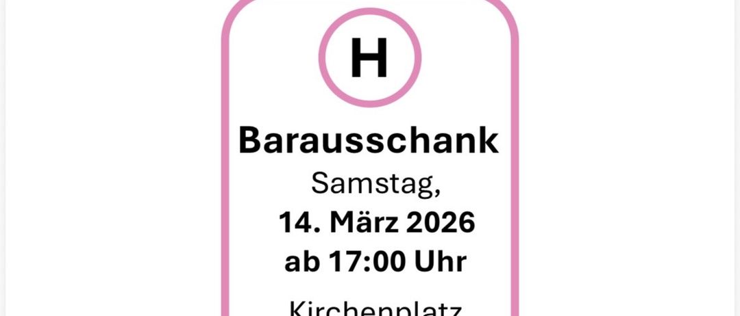 Ein Plakat für eine Party mit pinkem Text auf weißem Hintergrund. Es steht 'NACHSTER HALT PATRIZI'. Ein rosa Kreis mit dem Buchstaben 'H' befindet sich in der Mitte. Es steht 'Barausschank Samstag, 14. März 2026 ab 17:00 Uhr Kirchenplatz GroBwilfersdor.' Ein rosa Bus ist auf der rechten Seite.