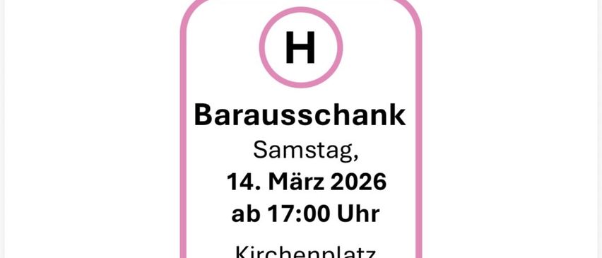 Ein Plakat für eine Party mit pinkem Text auf weißem Hintergrund. Es steht 'NACHSTER HALT PATRIZI'. Ein rosa Kreis mit dem Buchstaben 'H' befindet sich in der Mitte. Es steht 'Barausschank Samstag, 14. März 2026 ab 17:00 Uhr Kirchenplatz GroBwilfersdor.' Ein rosa Bus ist auf der rechten Seite.
