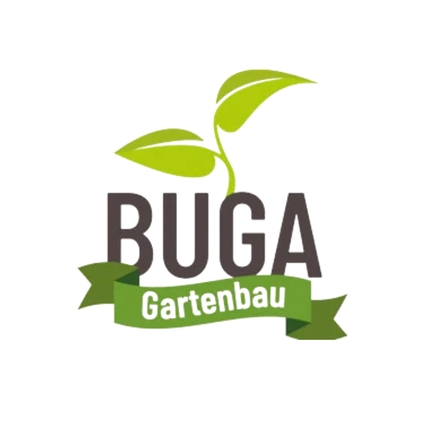 Das Buga Gartenbau Logo zeigt eine grüne Pflanze mit Blättern und einem Band, auf dem 'Gartenbau' steht. Das Wort 'BUGA' ist in fetten schwarzen Buchstaben.
