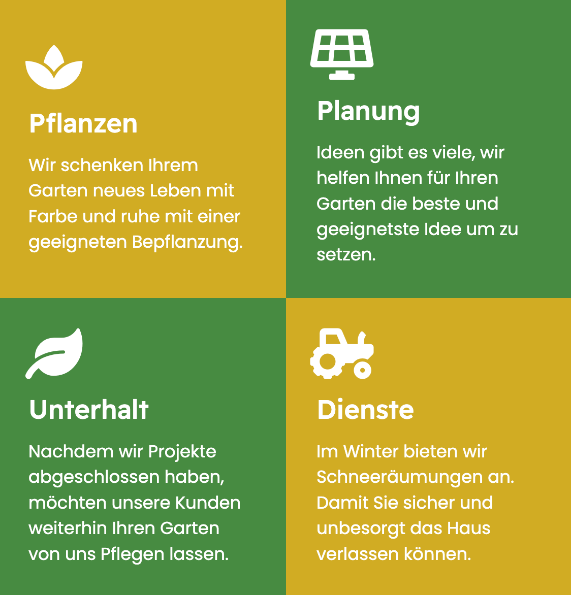 A graphic with four sections, each section has an icon and text. The first section has a white flower icon and text about planting. The second section has a sun icon and text about planning. The third section has a leaf icon and text about maintenance. The fourth section has a tractor icon and text about services.