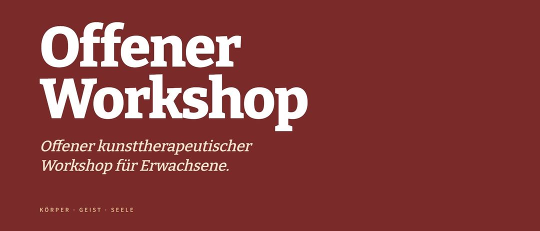Ein Plakat für einen therapeutischen Workshop für Erwachsene, mit weißem Text auf einem braunen Hintergrund. Der Titel lautet 'Feuer Workshop' und ist für 'Kunsttherapeutischer für Erwachsene'.