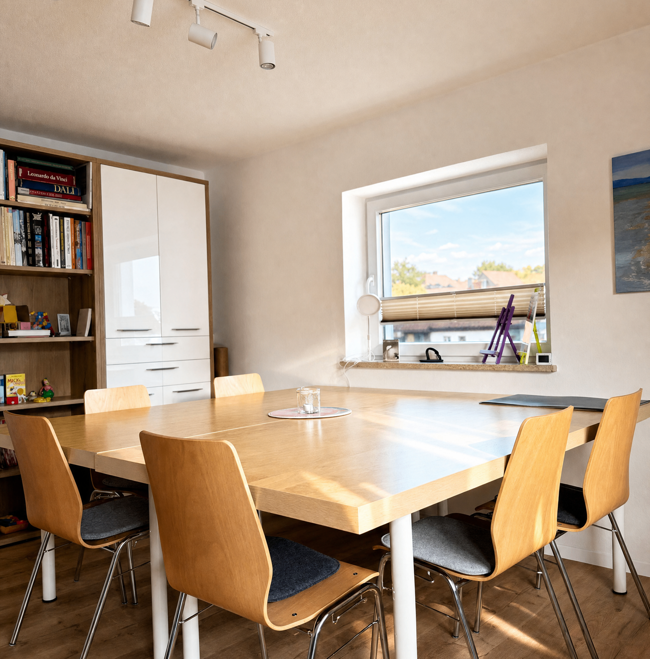 Ein hölzerner Esstisch mit vier Stühlen steht in einem Raum. Ein Schrank mit Büchern und Spielzeug steht links. Ein Fenster mit Jalousien und ein Gemälde befinden sich rechts.
