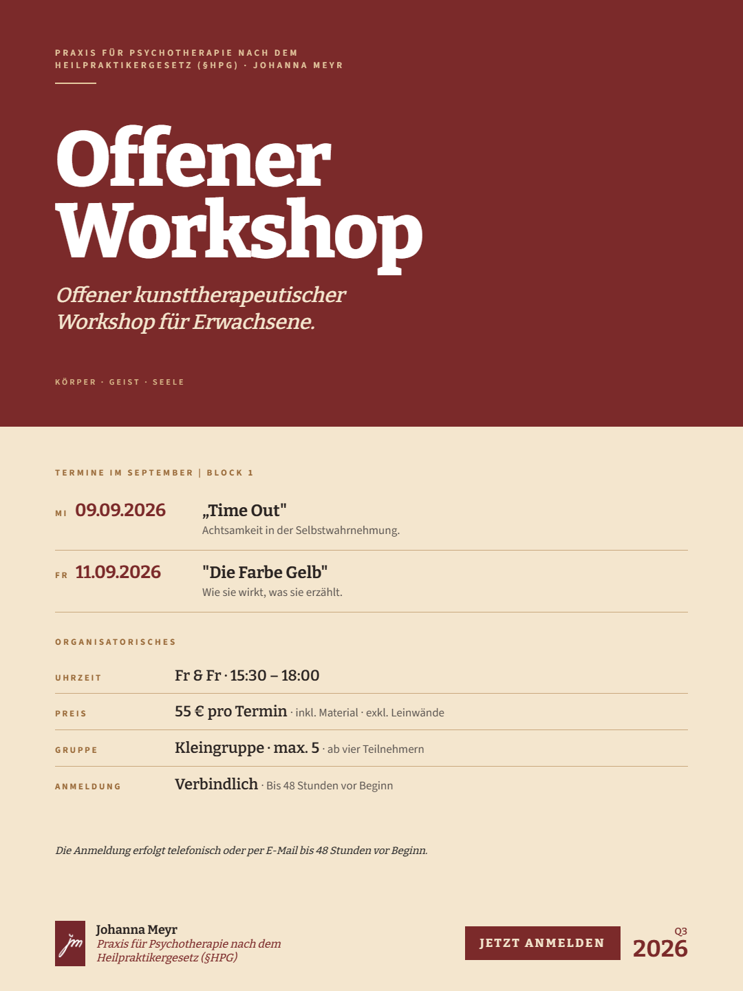 Ein roter Banner mit weißem Text zeigt 'Offener Workshop'. Darunter befindet sich eine Beschreibung eines Kunsttherapie-Workshops für Erwachsene. Die Termine für den Workshop sind aufgelistet, zusammen mit dem Preis und der Gruppengröße. Es gibt auch eine Kontakt-E-Mail.