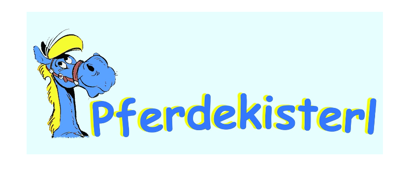 Das Logo zeigt ein blaues Pferd mit einem gelben Hut, begleitet von dem Wort 'Pferdekiste' in Blau und Gelb. Der Hintergrund ist hellblau.
