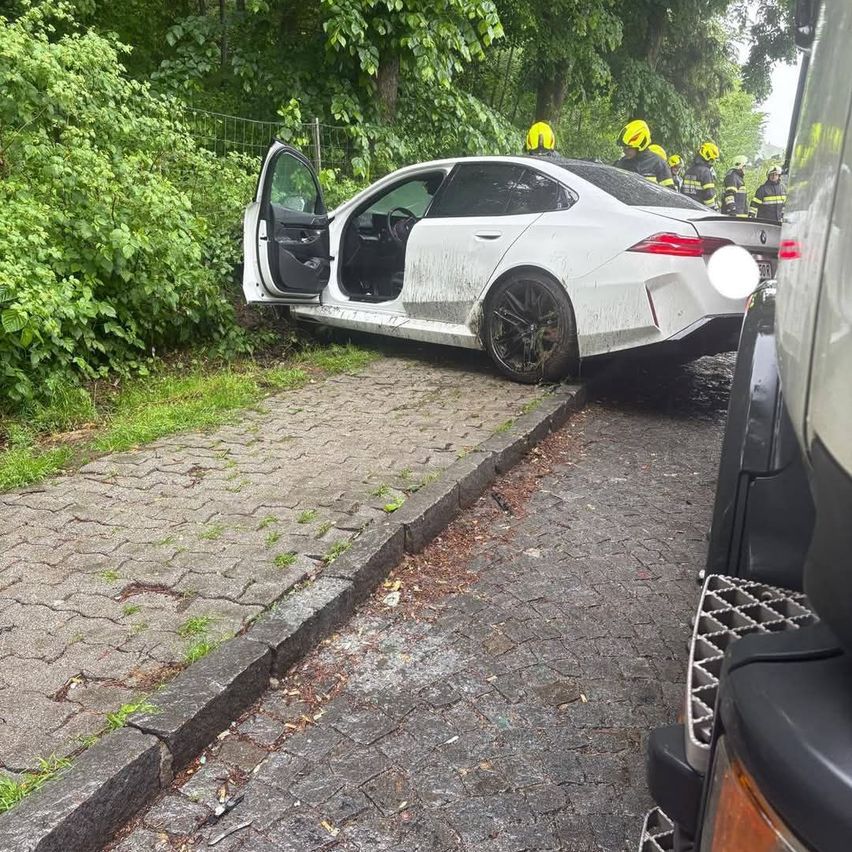 A white sedan is parked on a brick road, its back end embedded in a bush. Firefighters in yellow helmets are gathered around the car.