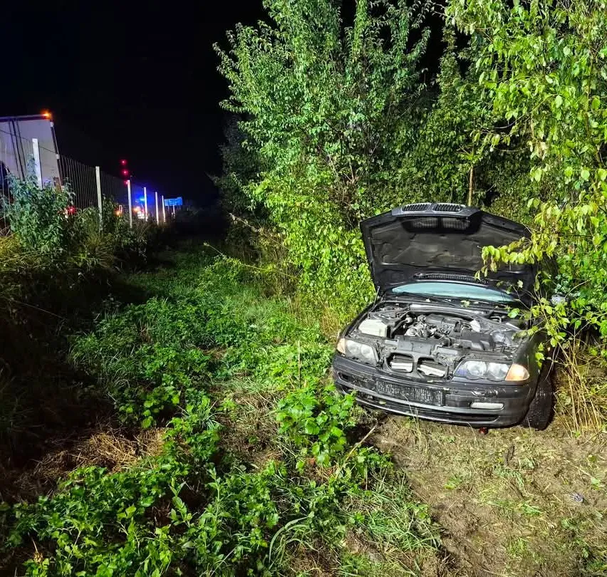 Ein Auto mit offenem Motorraum steht nachts in einem Grasgebiet.