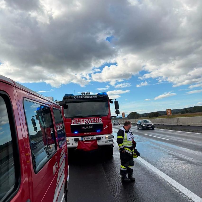 Ein Feuerwehrmann steht am Straßenrand und leitet den Verkehr. Ein roter Feuerwehrwagen ist in der Nähe geparkt, ein weiteres Fahrzeug im Hintergrund. Der Himmel ist bewölkt.