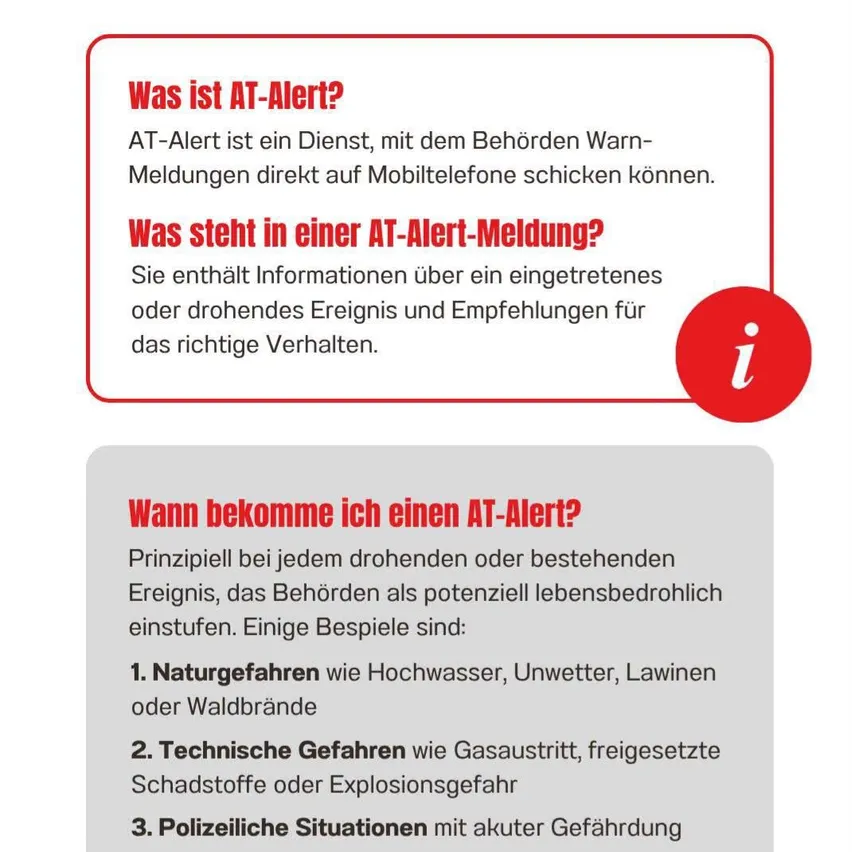 Ein Informationsgrafik über AT-Alert, ein Dienst, mit dem Behörden Warnmeldungen direkt auf Mobiltelefone schicken können. Es erklärt, was AT-Alert ist, welche Informationen in einer AT-Alert-Meldung enthalten sind und wann man eine AT-Alert erhalten könnte.