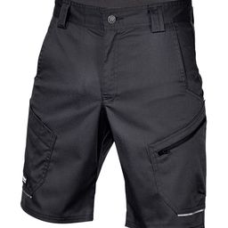 Eine Nahaufnahme einer schwarzen Cargo-Shorts mit einem weißen Logo auf dem linken Bein und Reißverschlüssen an den Taschen.