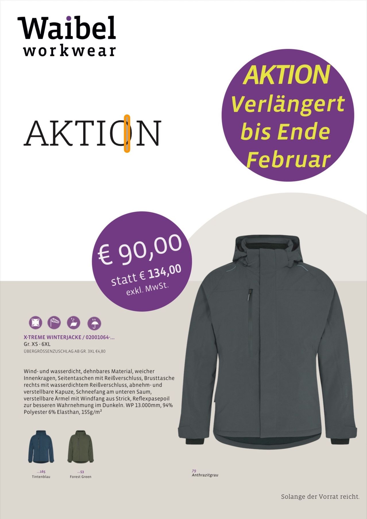 Aktion für eine wasserdichte und atmungsaktive Winterjacke. Ursprünglich zum Preis von 134 Euro erhältlich, ist sie jetzt für 90 Euro erhältlich, ohne MwSt. Die Jacke verfügt über wasserdichte Reißverschlüsse, eine abnehmbare Kapuze und verstellbare Ärmelbündigen. Sie besteht aus einem Polyester-Gemisch und hat eine hohe Atmungsaktivität von 155 Gramm pro Quadratmeter.