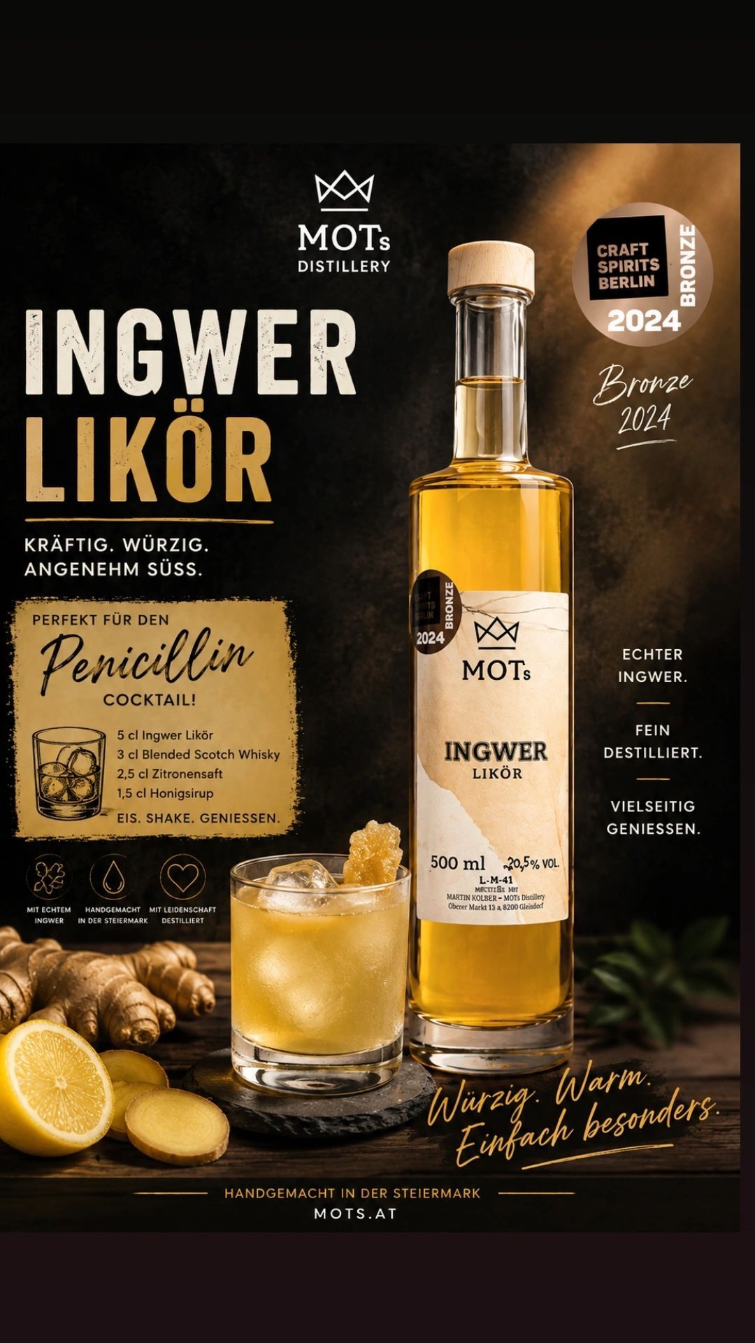 Ein Plakat, das einen Ingwerlikör bewirbt, mit einer Flasche und einem Cocktailglas. Die Flasche ist mit 'Ingwer Likör' beschriftet und das Plakat enthält ein Rezept für einen Penicillin-Cocktail.