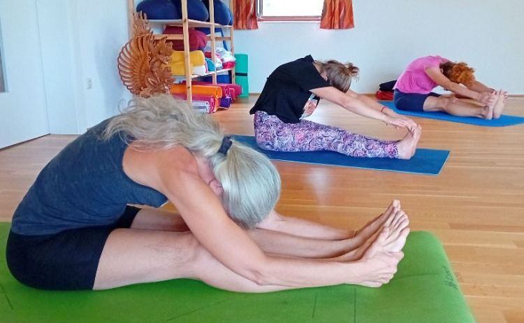 Drei Frauen praktizieren Yoga auf Matten in einem Raum mit Holzböden. Eine Frau ist in einer Kopfstandposition, eine andere in einer sitzenden Pose und die dritte in einer Vorwärtsbeuge.