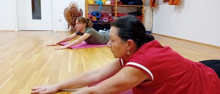 Zwei Frauen praktizieren Yoga auf rosa Matten in einem Raum mit Holzböden. Eine Frau liegt auf dem Rücken, die andere auf dem Bauch. Hinter ihnen steht ein Regal mit verschiedenen Gegenständen.