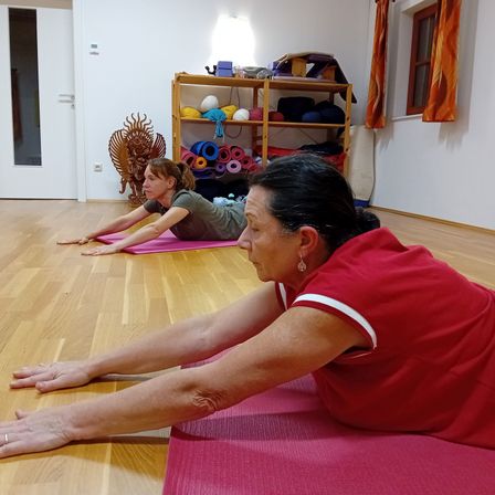 Zwei Frauen machen Yoga in einem Raum mit Holzböden. Eine Frau trägt ein grünes Shirt, die andere ein rotes. Im Hintergrund steht ein Holzregal mit Yoga-Zubehör.