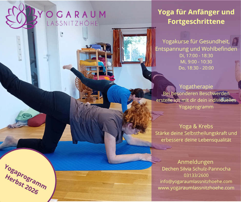 Yoga class flyer for Yogaraum Lassnitzhöhe. It features yoga poses, class times, and contact information.