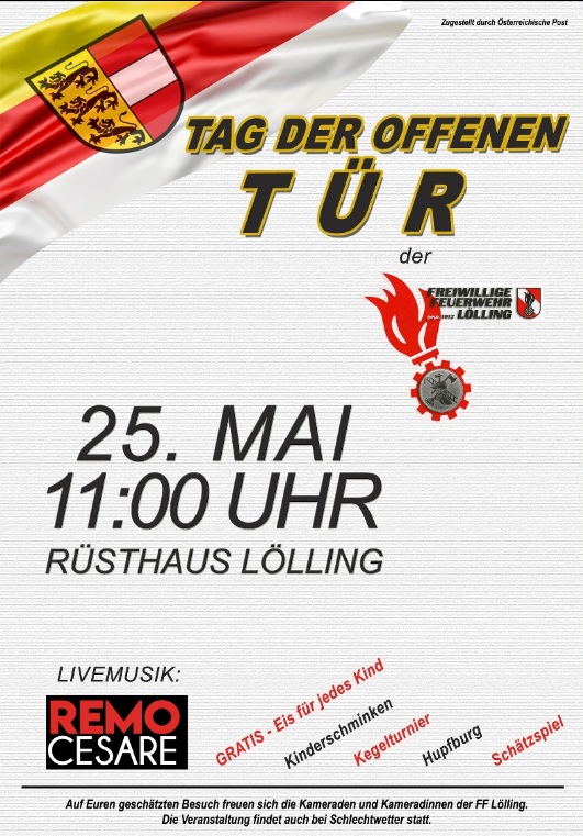 Veranstaltungsposter für den Tag der offenen Tür im Rusthaus Lolling. Geplant für den 25. Mai um 11:00 Uhr. Live-Musik von Remo Cesare. Kostenlos für alle Kinder, mit einer Schatzsuche und Schnitzeljagd.