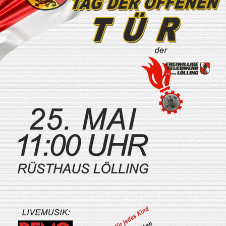 Veranstaltungsposter für den Tag der offenen Tür im Rusthaus Lolling. Geplant für den 25. Mai um 11:00 Uhr. Live-Musik von Remo Cesare. Kostenlos für alle Kinder, mit einer Schatzsuche und Schnitzeljagd.