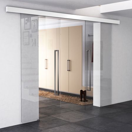 Ein modernes Zimmer mit einer Glasschiebetür und zwei Schränken mit Metallgriffen. Ein Teppich liegt auf dem Boden mit Stiefeln.