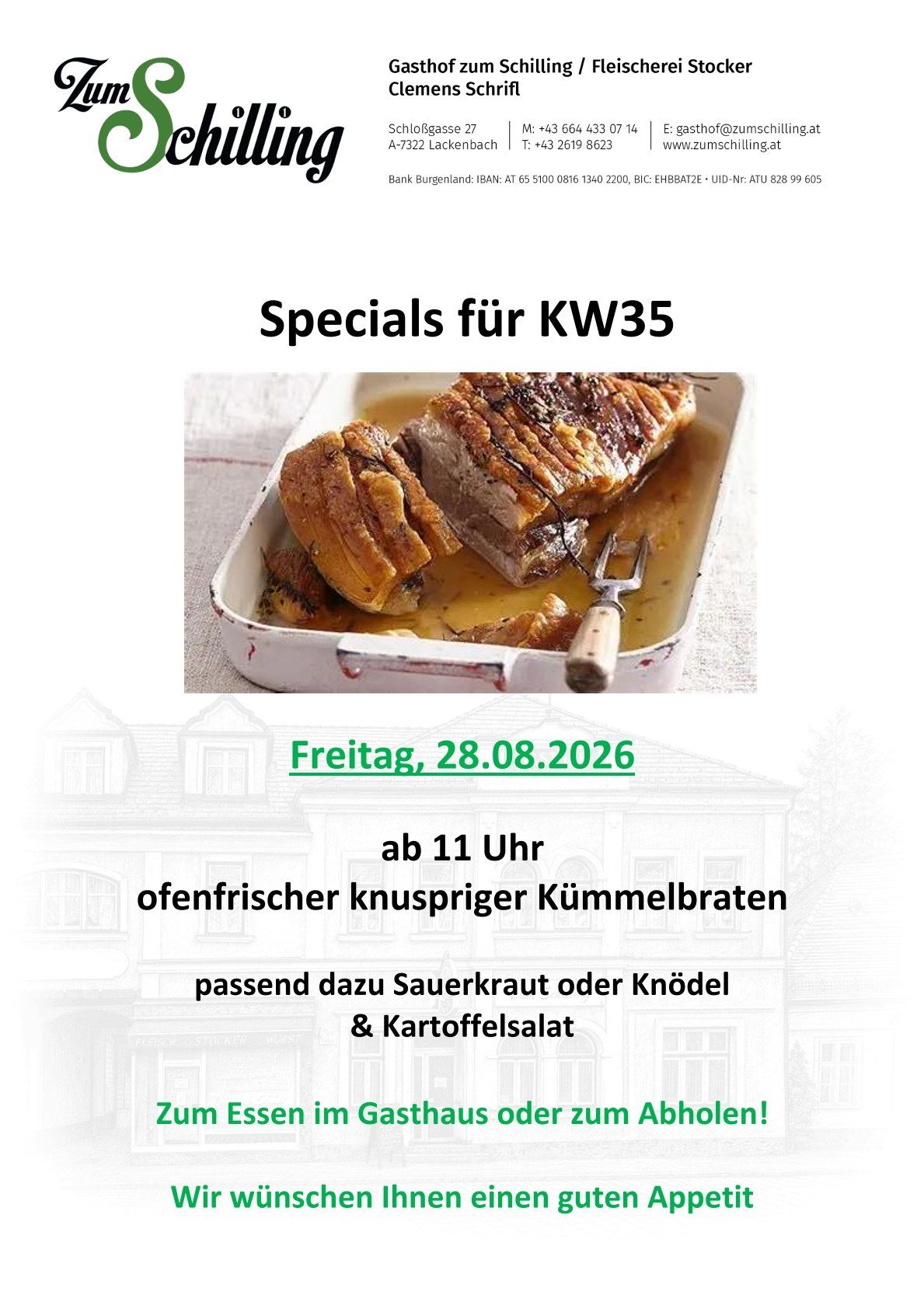 Ein Flyer, der ein Spezialmenü für KW35 bewirbt, mit einem gebratenen Schweinefleischgericht und einer Gabel, für Freitag, den 28. August 2026, um 11 Uhr. Das Menü umfasst frischen Kümmelbrate mit Sauerkraut oder Kartoffelsalat.