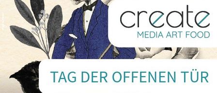 Eine Illustration eines Tigers in Anzug und Zylinder, mit einem Vogel auf seiner Schulter, umgeben von Pflanzen und Blumen. Das Bild enthält auch den Text 'create MEDIA ART FOOD' und 'TAG DER OFFENEN TÜR' mit Datum und Uhrzeit.