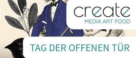 Eine Illustration eines Tigers in Anzug und Zylinder mit einem Vogel auf seiner Schulter. Der Text 'create media art food' ist angezeigt. Unten wird die Veranstaltung 'Tag der offenen Tür' für den 16. und 17. Oktober 2026 beworben.