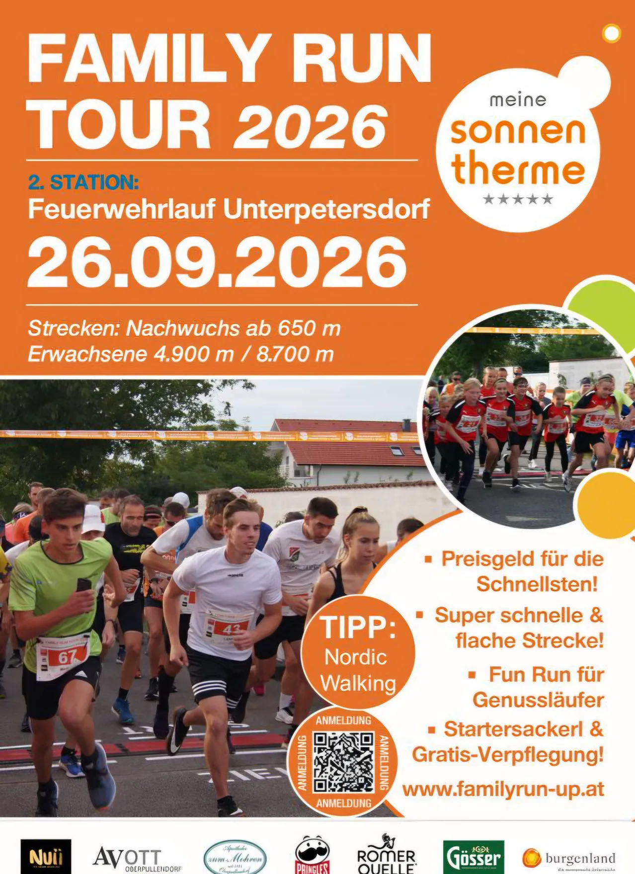Plakat für die Tour 2026 Veranstaltung in Unterpetersdorf am 26.09.2026. Zeigt Läufer, einen QR-Code und Details zu Streckenlängen und Preisen.