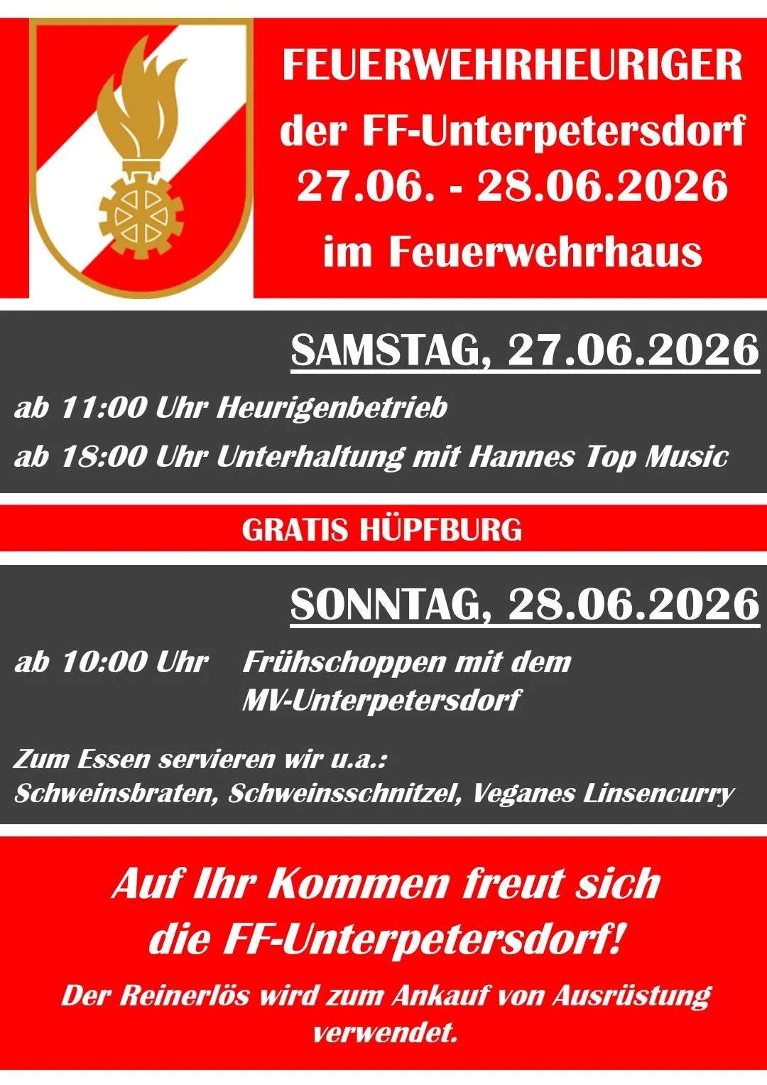 Eine Veranstaltung im Feuerwehrhaus vom 27.06. bis 28.06.2026. Samstag ab 11:00 Uhr Heuwagenfahrt. Ab 18:00 Uhr Unterhaltung mit Hannes Top Music. Freier Eintritt. Sonntag ab 10:00 Uhr Frühstück mit dem MV-Unterpetersdort. Zum Essen gibt es Schweinebraten, Wurst, und veganes Linsencurry.