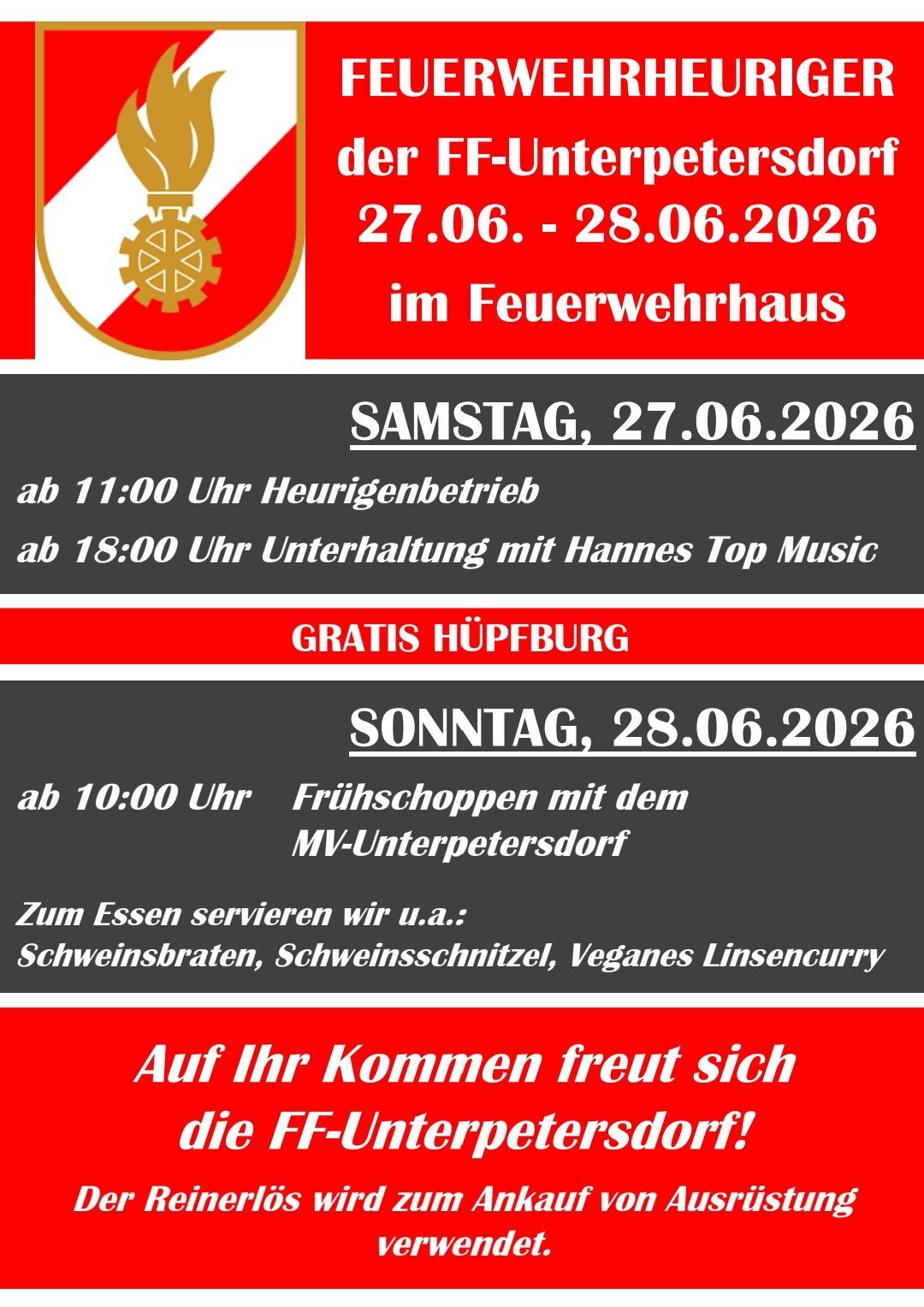 An event at the fire station from June 27th to June 28th, 2026. Saturday, starting at 11:00, there is a hayride. At 18:00, there is entertainment with Hannes Top Music. Free admission. Sunday at 10:00, there is breakfast with the MV-Unterpetersdort. Catering includes pork, sausage, and vegan lentil curry.