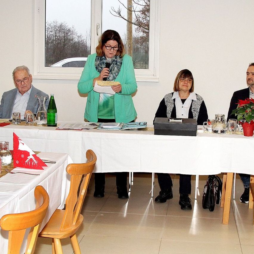Vier Personen sitzen an einem Tisch, eine hält ein Mikrofon. Zwei Frauen und zwei Männer, vielleicht in einer Besprechung. Eine Weihnachtsblume in einem roten Topf und eine Flasche Wasser sind auf dem Tisch.