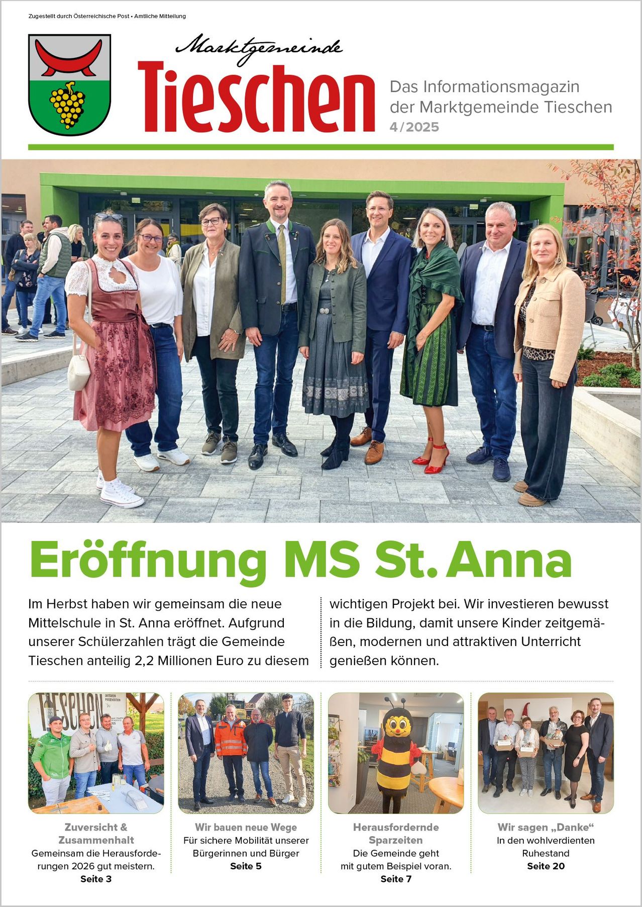 Eine Gruppe von Menschen in formeller Kleidung steht vor einem Gebäude. Es ist die Eröffnung einer neuen Mittelschule in St. Anna. Die Gemeinschaft investierte 2,2 Millionen Euro in dieses wichtige Projekt.