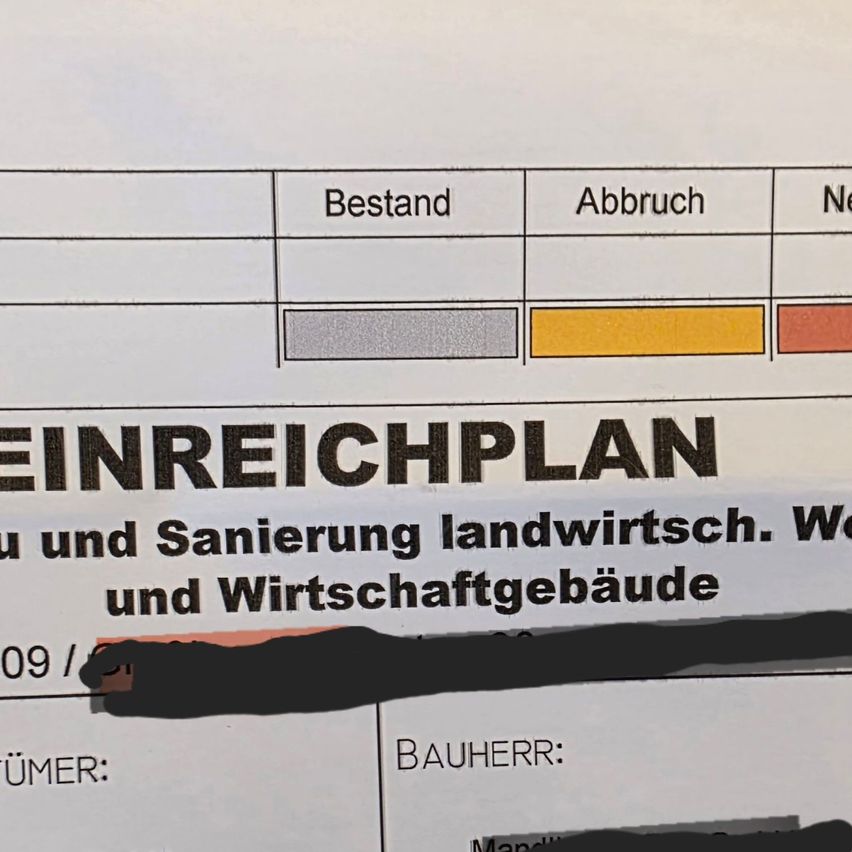 Dokument zeigt einen Plan mit Abschnitten für Zustand, Abriss und Neubau. Es umfasst landwirtschaftliche Flächen und Wirtschaftsgebäude. Die Dokumentennummer ist 09/50.