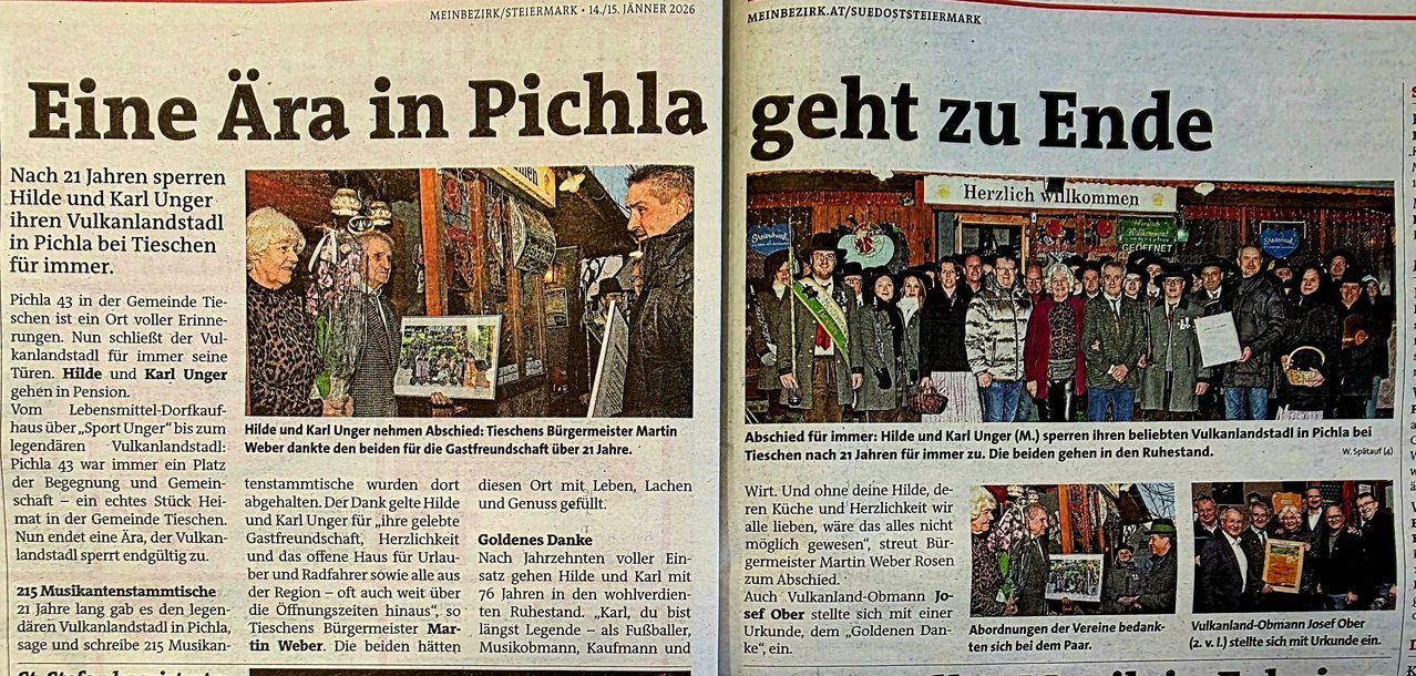 Zeitungsartikel vom 14./15. Januar 2016 mit einem Foto eines Mannes, der ein gerahmtes Bild hält. Der Artikel handelt von der langjährigen Freundschaft und den Aktivitäten des Ehepaars Unger und Martin Weber, dem Bürgermeister von Tieschen, über 21 Jahre. Ein weiterer Abschnitt befasst sich mit dem Abschied der Ungers von Tieschen und der Abschiedsrede des Bürgermeisters.