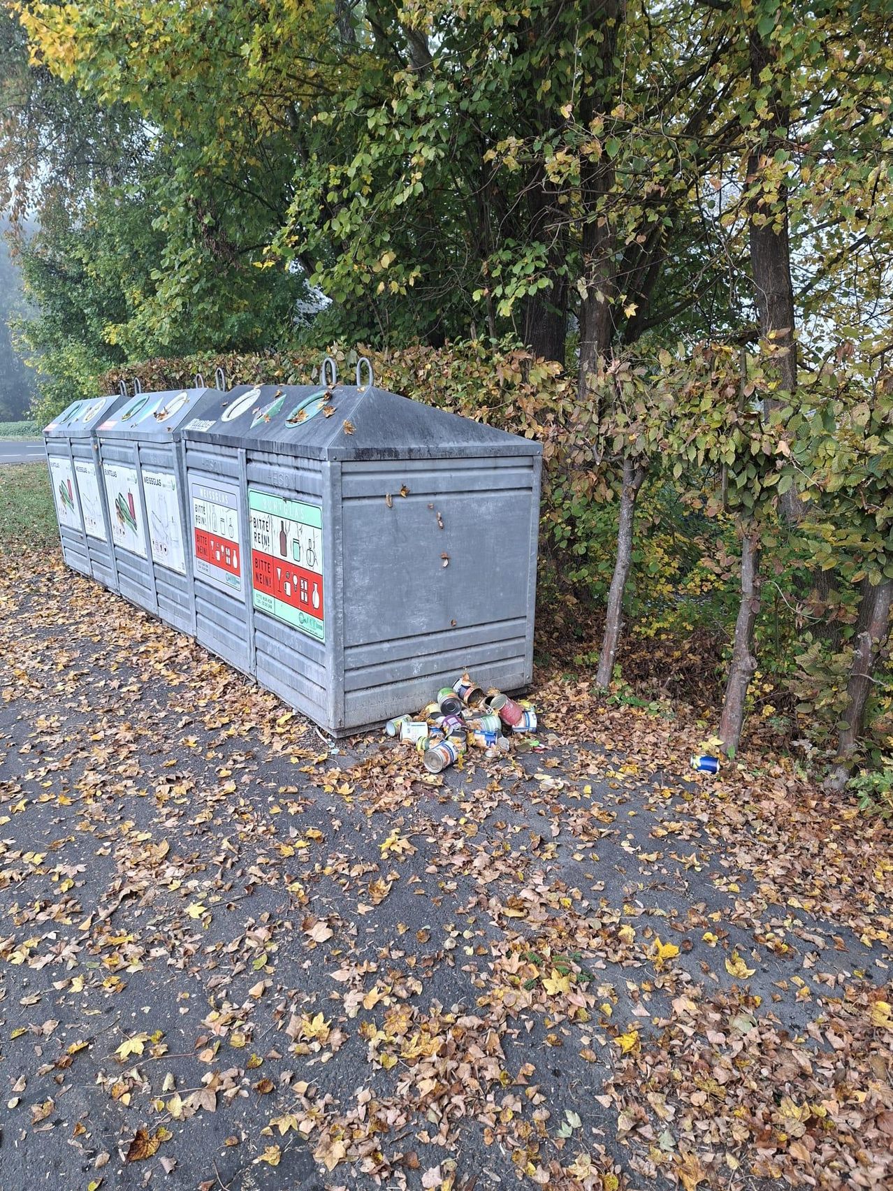 Vier graue Recyclingbehälter stehen am Straßenrand, mit einigen leeren Dosen auf dem Boden. Die Behälter haben rote und grüne Schilder.