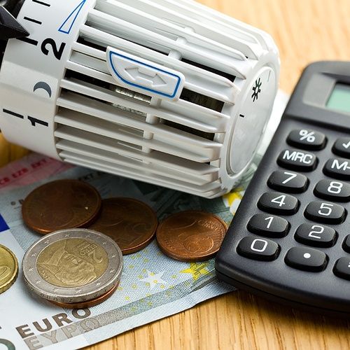 Ein Ausschnitt eines Thermostats, eines Taschenrechners und Euro-Banknoten und -Münzen auf einer Holzoberfläche.