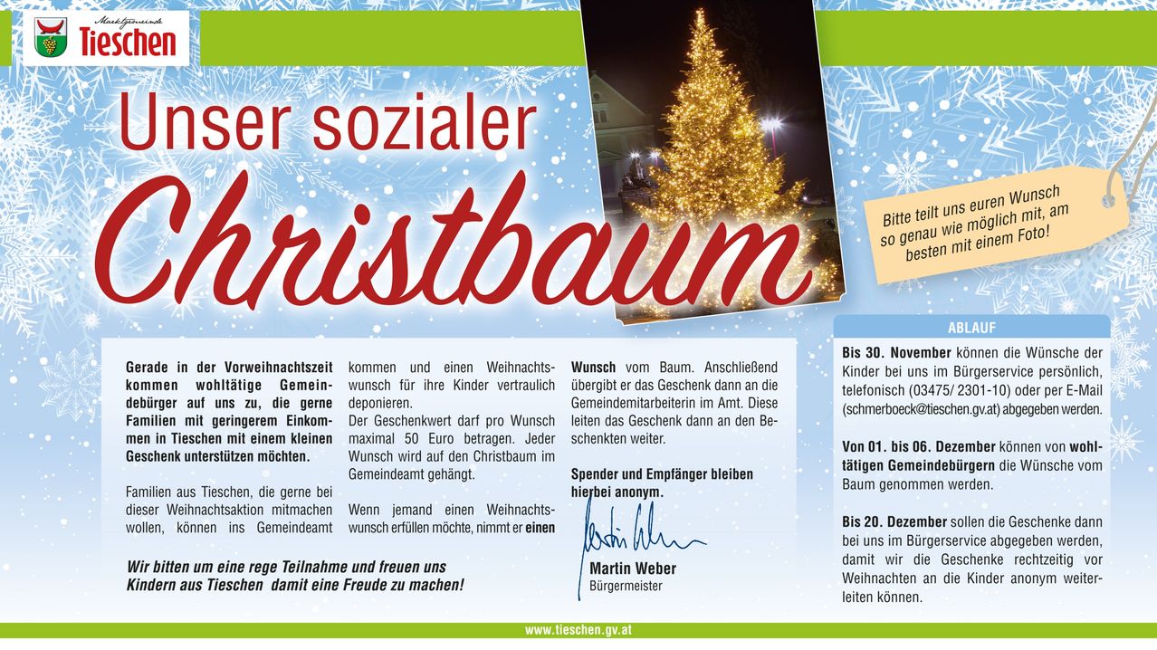 Ein Plakat für einen gemeinschaftlichen Weihnachtsbaum. Es zeigt einen Baum, Text auf Deutsch und eine Unterschrift. Es steht 'Sozialer Weihnachtsbaum.' Kinder können anonym ihre Wünsche am Baum hinterlassen.