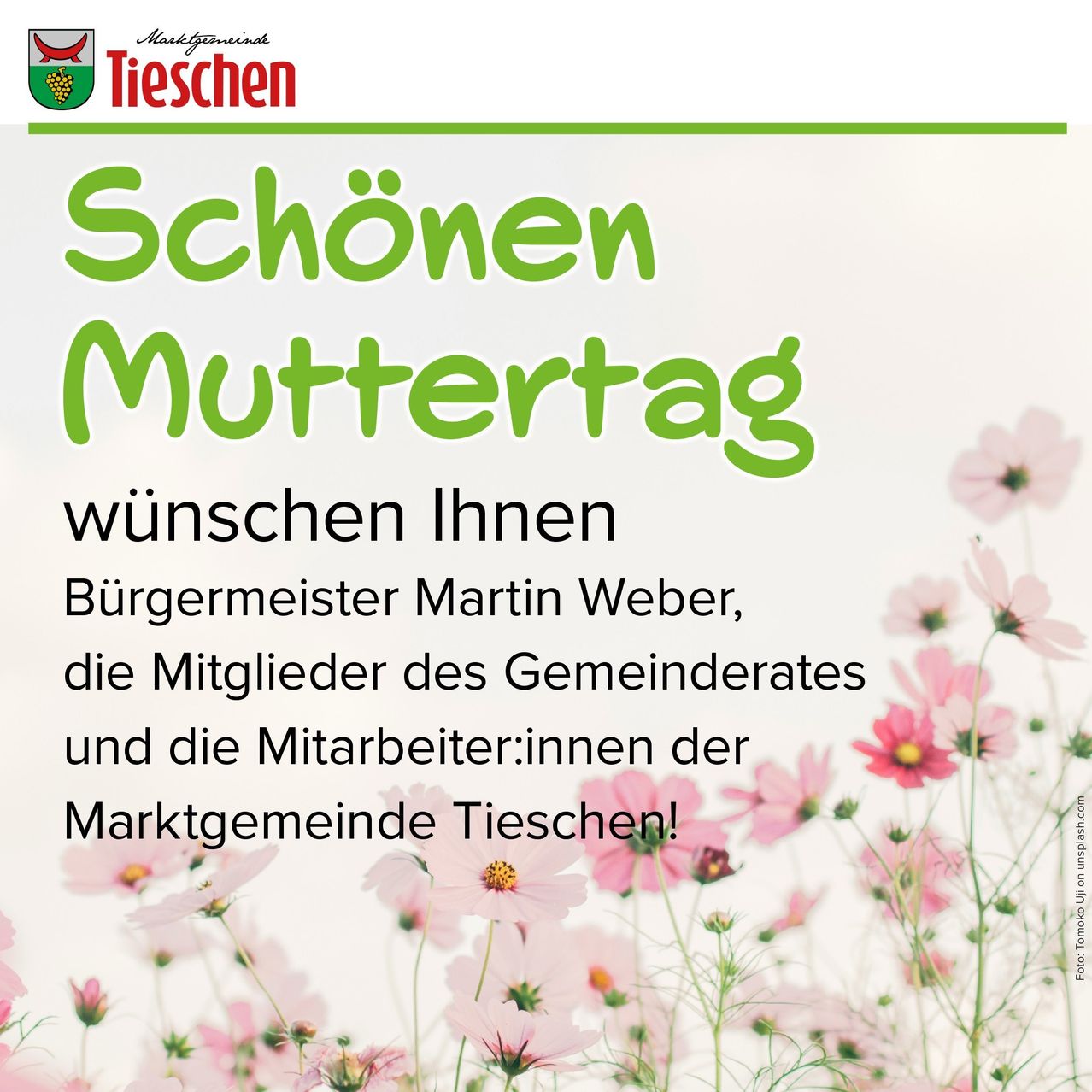 Poster mit grünem Text 'Schönen Muttertag' vor einem Blumenhintergrund. Es steht 'Wünschen Ihnen einen schönen Muttertag' vom Bürgermeister, den Ratsmitgliedern und den Mitarbeitern der Marktgemeinde Tieschen.