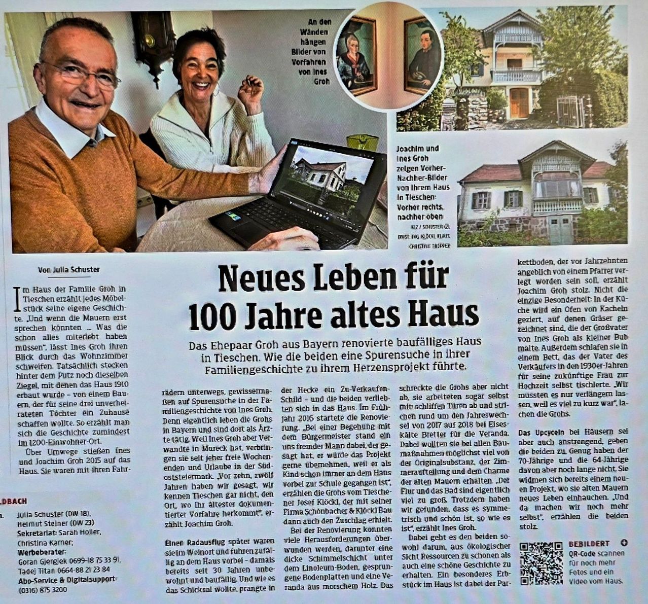 Das Ehepaar Groh aus Bayern renovierte zufällig ein 100 Jahre altes Haus in Tieschien. Joachim und Julia Groh zeigen ihre Familiengeschichte auf ihrem Herzensprojekt. Sie sind mit einem Laptop zu sehen, auf dem das Haus abgebildet ist, und lächeln. Joachim hält eine Zigarre. Das Haus, zuvor eine Scheune, wurde 2015 renoviert.