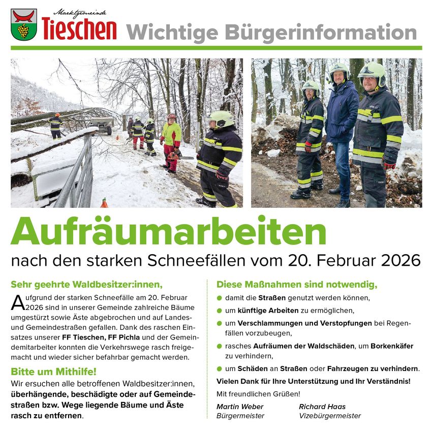Ein Plakat mit Bildern von Feuerwehrleuten, die Schnee und Trümmer räumen. Text auf Deutsch über Schneeräumungsmaßnahmen nach starken Schneefällen am 20. Februar 2026. Es bittet um Hilfe von Waldbesitzern und dankt für die Unterstützung der Gemeinschaft.