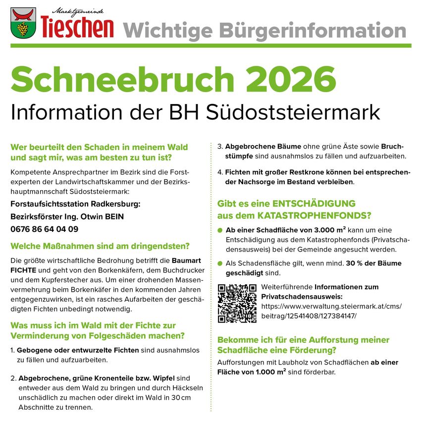 Ein Flyer aus Tieschen mit dem Titel 'Wichtigste Bürgerinformation Schneebruch 2026' liefert Details zur Waldbewirtschaftung in der Region. Er erwähnt die Rolle der Forstbehörde und Kontaktdaten. Es wird auch die Notwendigkeit der Entfernung beschädigter Bäume hervorgehoben und Informationen über Entschädigungen aus dem Katastrophenfonds bereitgestellt.
