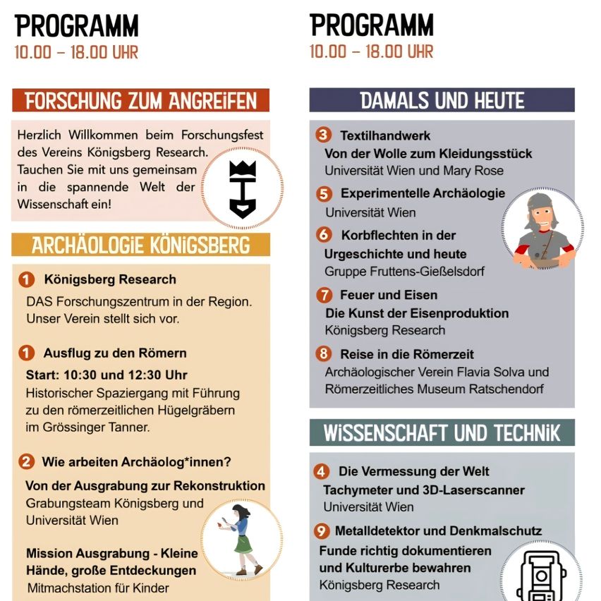 A poster advertising a research event titled 'Program' with sections on 'Research to Touch', 'Archaeology of Konigsberg', and 'Science and Technology'. The event is scheduled from 10:00 to 18:00. It includes activities like guided tours of Roman sites and demonstrations of archaeological tools.
