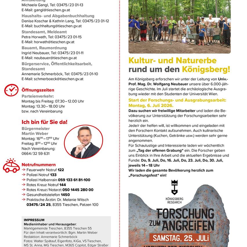 Eine Gruppe von Menschen im Wald, einige stehend und andere sitzend, wobei eine Person eine Schaufel hält. Das Bild trägt den Titel 'Kultur- und Naturerbe rund um den Königsberg!' und erwähnt ein Forschungsprojekt, das am 6. Juli 2026 beginnt.