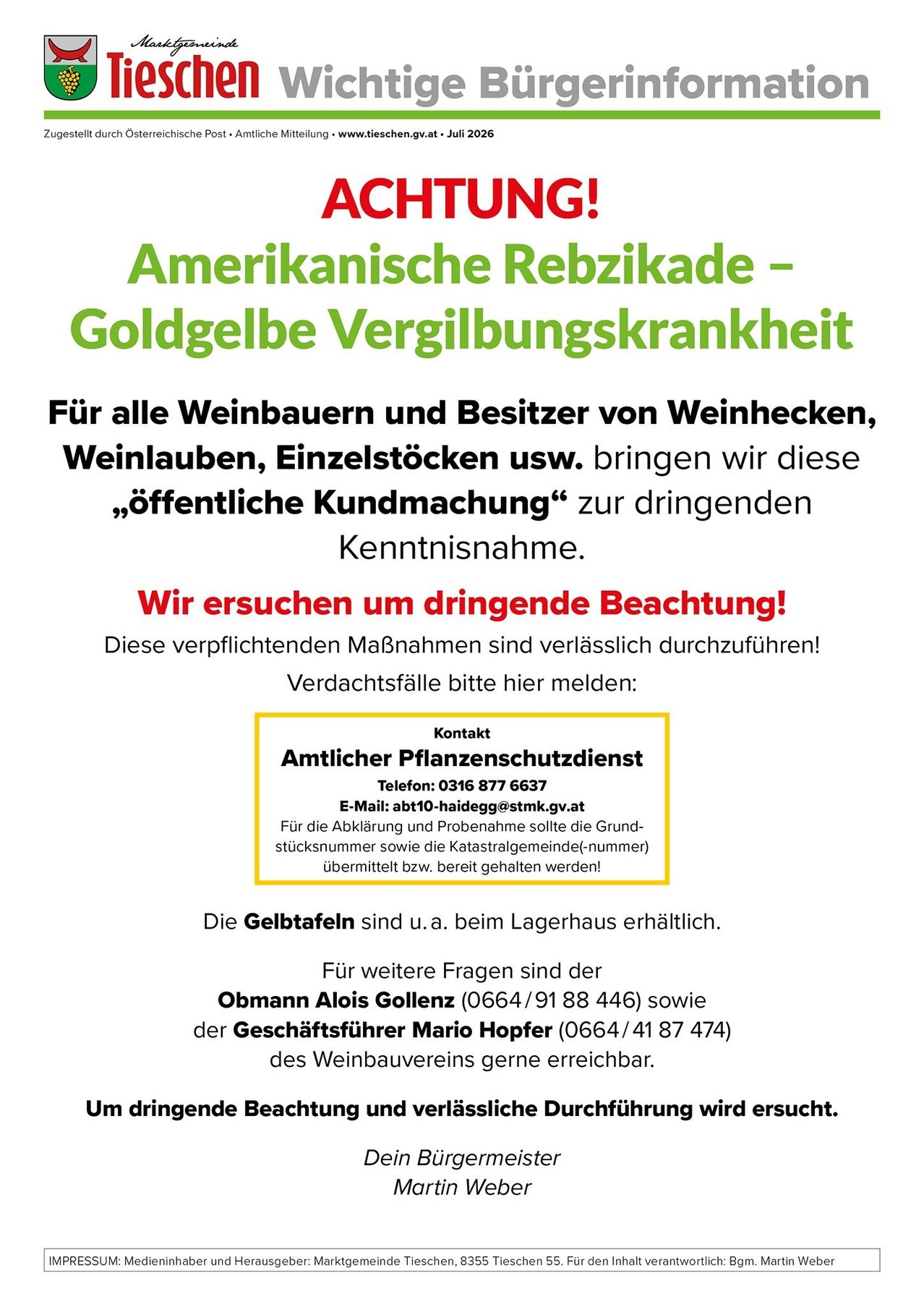 Ein Flyer mit einem roten und grünen Kopfzeile, die 'ACHTUNG! Amerikanische Rebzikae - Goldgelbe Vergilbungskrankheit' besagt. Es enthält Informationen über die amerikanische Rebzikade und die Gelbvergilbungskrankheit und fordert Weinbauern und Besitzer von Weinstöcken, Weinkellern und Einzelbeständen auf, dies zu beachten. Es enthält Kontaktdaten für den offiziellen Pflanzenschutzdienst.