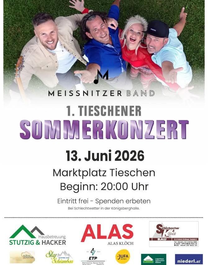 Plakat für das 1. Tieschener Sommerkonzert der Meissnitzer Band am 13. Juni 2026 um 20:00 Uhr. Eintritt frei - Spenden erwünscht.