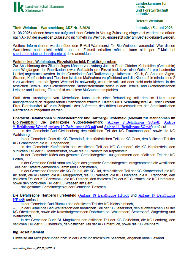 Titel: Weinbau - Warnmeldung ARZ Nr. 2/2026 (31.08.2026) können nur aufgrund einer Gefahr-in-Verzug-Zulassung eingesetzt werden und dürfen nach Ablauf der jeweiligen Zulassung nicht mehr im Weinbau eingesetzt oder am Betrieb gelagert werden.