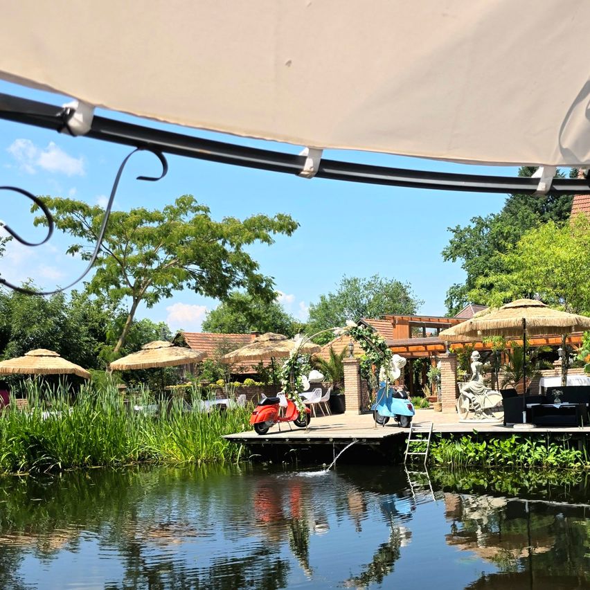 Ein ruhiges Restaurant im Freien mit Blick auf einen Teich. Rote und blaue Roller sind auf einem Steg geparkt, mit Bäumen und einem Haus im Hintergrund.