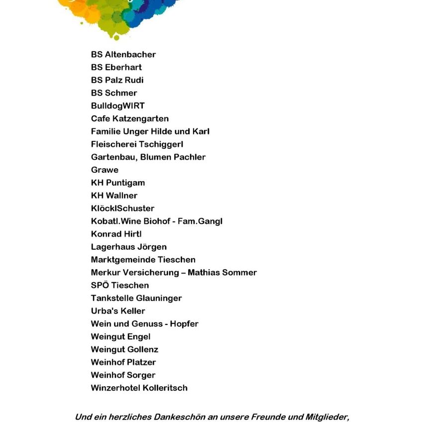 Liste der Sponsoren mit Namen wie Altenbacher, Eberhart und Palz Rudi. Beinhaltet auch Cafe Katzengarten, Familie Unger und Fleischerei Tschiggerl. Beendet mit einem herzlichen Dank an Freunde und Mitglieder.