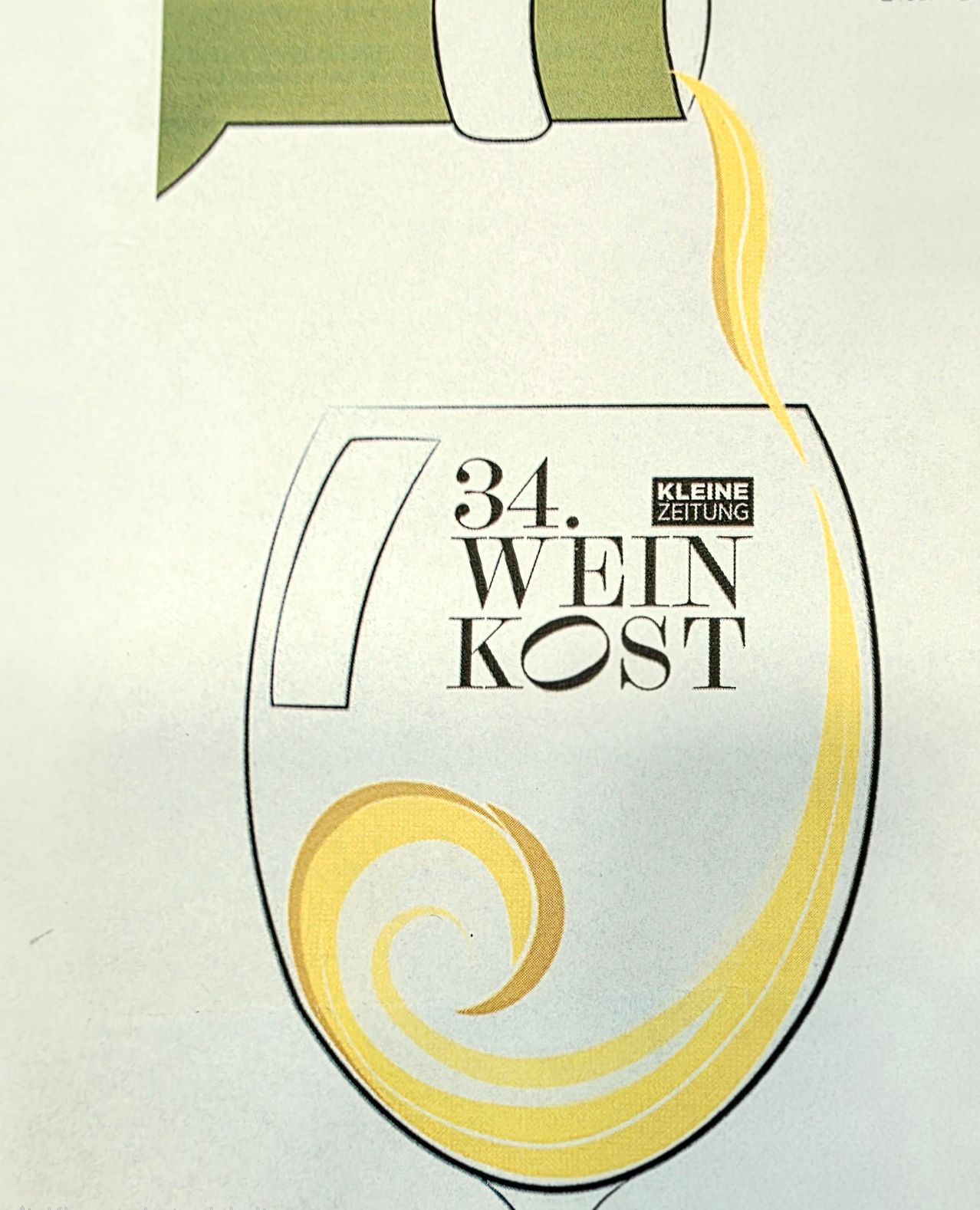 Illustration of a wine glass with '34. WEIN KOST' inside, likely from a wine tasting event. The glass has a swirl pattern.