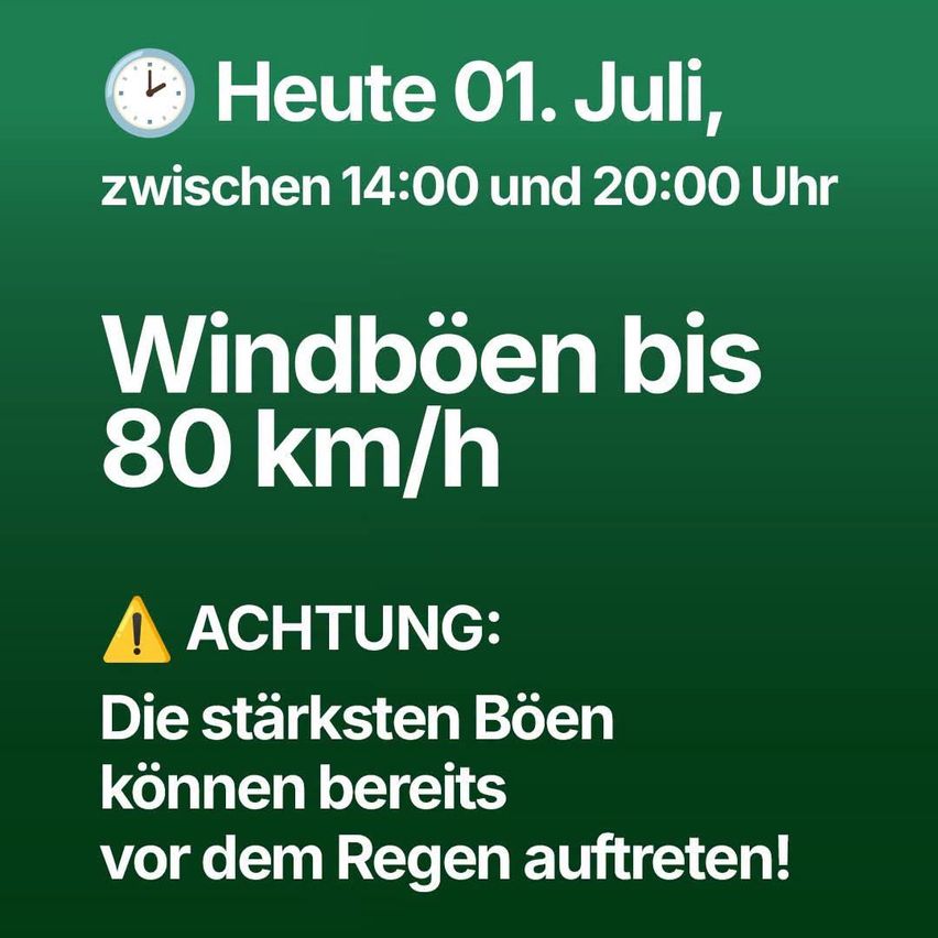 The weather alert is for today, July 1st. Between 2 PM and 8 PM, wind gusts up to 80 km/h are expected. Warning: The strongest gusts may occur before the rain.